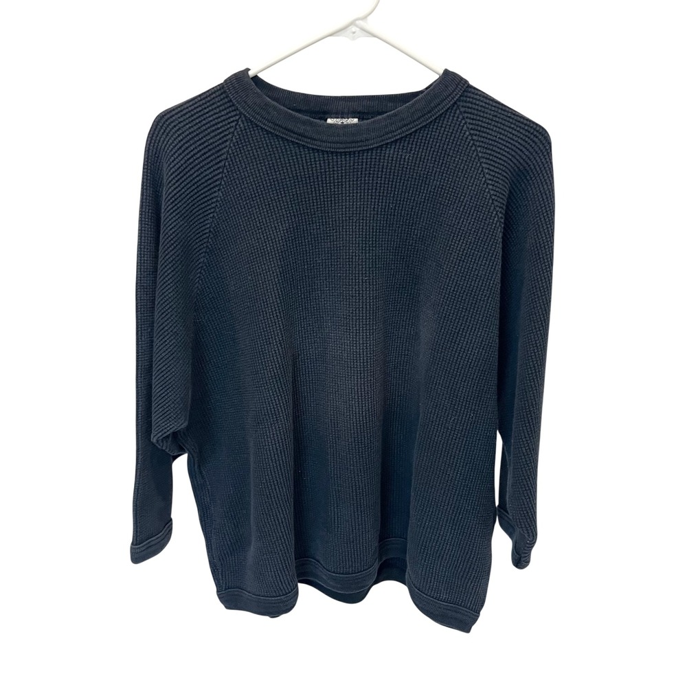 Vintage Au Coton Waffle Knit Long Sleeve Top Black Cotton Oversized Lagenlook
